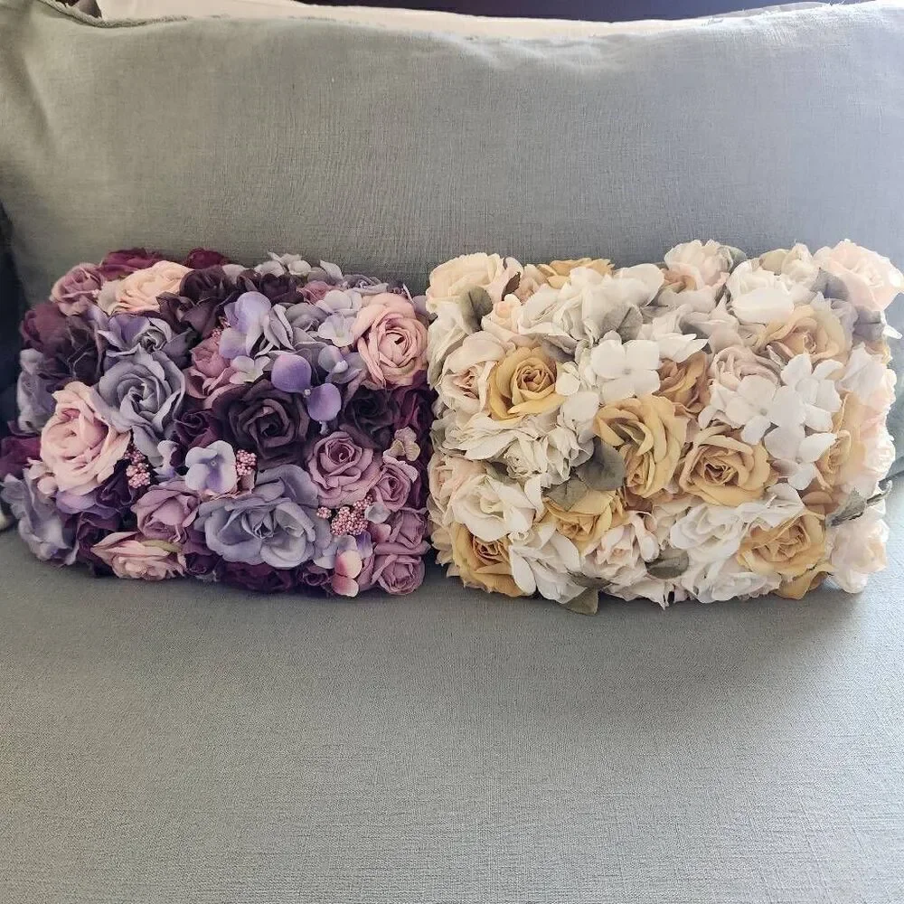 Decorative rose floral bouquet pillow bundle of 2 purple yellow